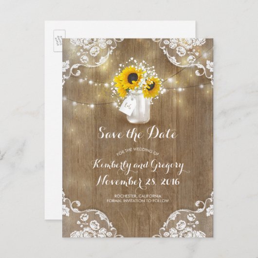 Mason Jar Sunflowers Bouquet Rustic Save the Date Ankündigungspostkarte (Vorne/Hinten)