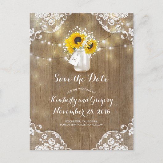 Mason Jar Sunflowers Bouquet Rustic Save the Date Ankündigungspostkarte (Vorderseite)