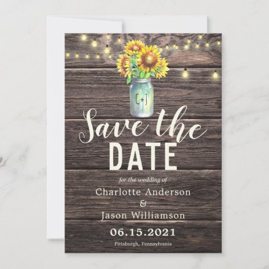 Mason Jar Sunflowers Bouquet Rustic Save the Date Einladung (Vorderseite)