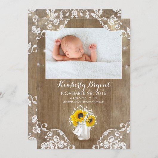 Mason Jar Sunflowers Rustic Baby Birth Foto Ankündigung (Vorne/Hinten)