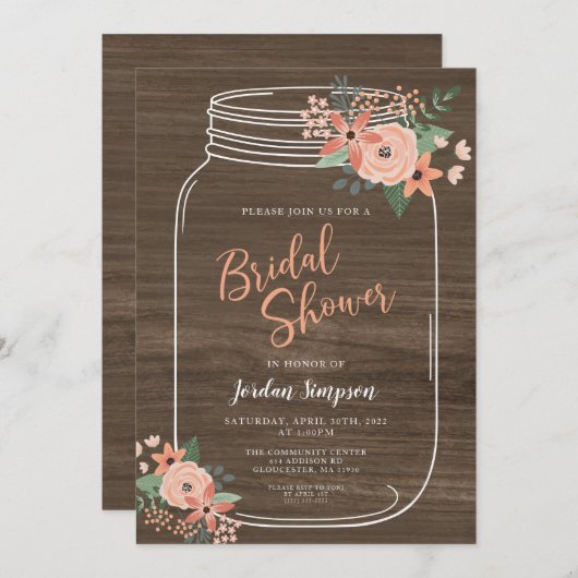 Mason Jar und Blume Rustikales Brautparty Einladung (Vorne/Hinten)