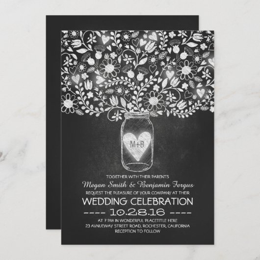 Mason Jar und Chalkboard Blume Hochzeit einlädt Einladung (Vorne/Hinten)
