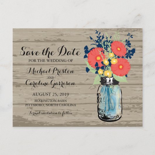 Mason Jar und Gerber Daisies Save the Date Ankündigungspostkarte (Vorderseite)