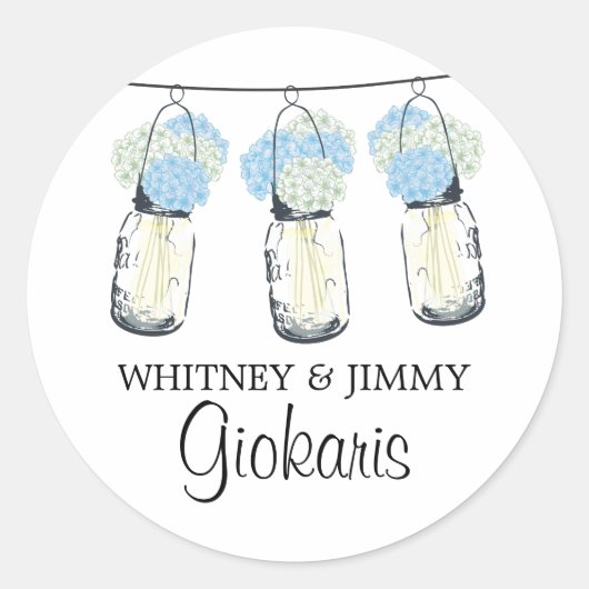 Mason Jar und Hydrangeas Wedding Runder Aufkleber (Vorderseite)