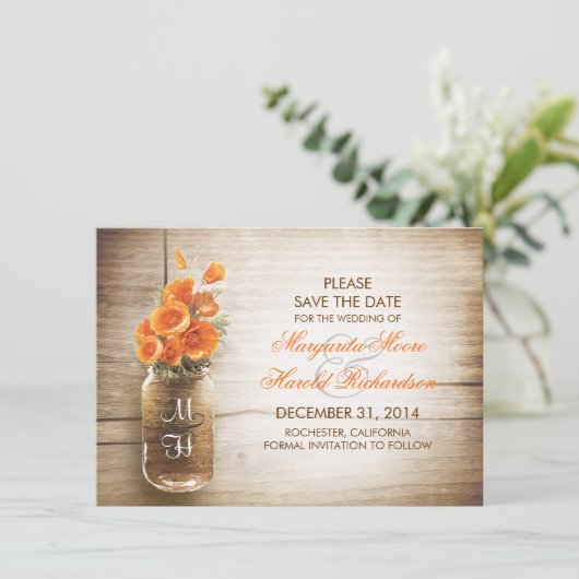 Mason Jar und orange Blume speichern Datumskarten Save The Date (Stehend Vorderseite)