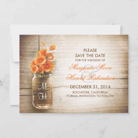 Mason Jar und orange Blume speichern Datumskarten Save The Date (Vorderseite)