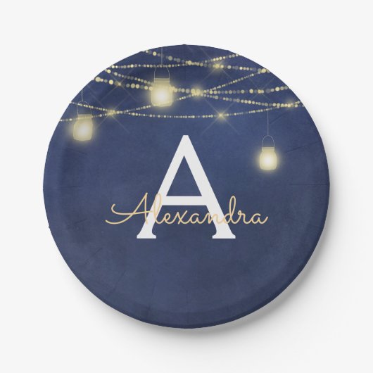 Mason Jar und String Lights Mit Monogramm Pappteller (Vorderseite)