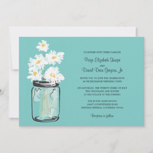 Mason Jar und White Daisies Wedding Einladung (Vorderseite)