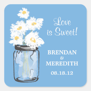 Mason Jar und White Daisies Wedding Quadratischer Aufkleber