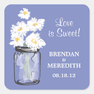 Mason Jar und White Daisies Wedding Quadratischer Aufkleber