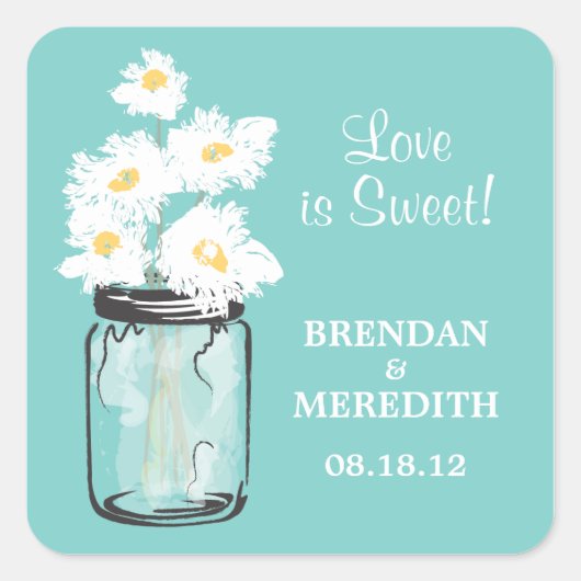 Mason Jar und White Daisies Wedding Quadratischer Aufkleber (Vorderseite)