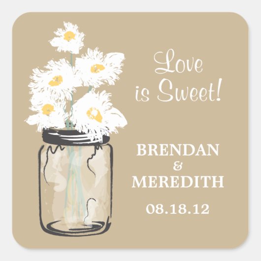 Mason Jar und White Daisies Wedding Quadratischer Aufkleber (Vorderseite)