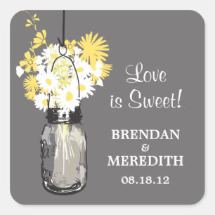 Mason Jar und White Daisies Wedding Quadratischer Aufkleber
