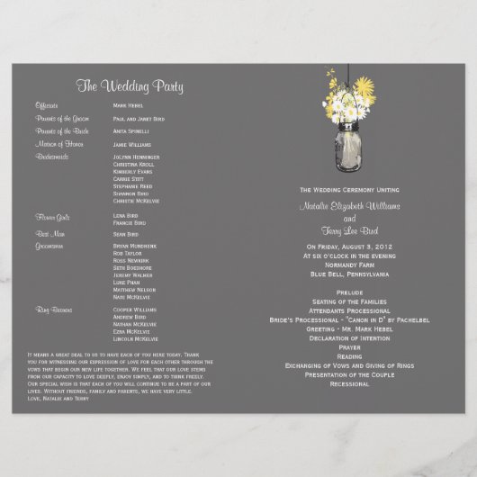 Mason Jar und Wildblume Hochzeitsprogramm (Vorderseite)