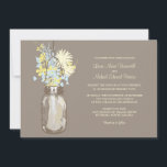 Mason Jar und Wildblumen Einladungen Hochzeiten<br><div class="desc">Ideal für eine Hochzeit im Landhausstil oder vielleicht nur Liebe Mason Jars! Mason Jar hängt an einem Haken mit Wildblumen aus dem Land. Ein warmer brauner Hintergrund vor dem hängenden Mason Jar und Wildblumen in Gelb- und Blues-Farben. Wenn Sie Fragen zu diesem Design haben oder eine Farbänderung gewollt haben, schicken...</div>
