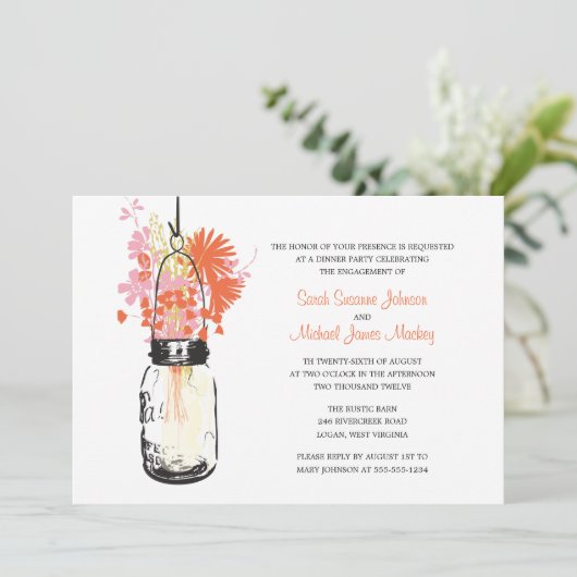 Mason Jar und Wildblumen Hochzeiten Verlobung Einladung (Stehend Vorderseite)