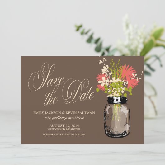 Mason Jar und Wildblumen Save the Date (Stehend Vorderseite)