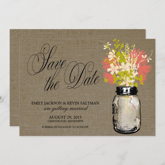 Mason Jar und Wildblumen Save the Date (Vorne/Hinten)