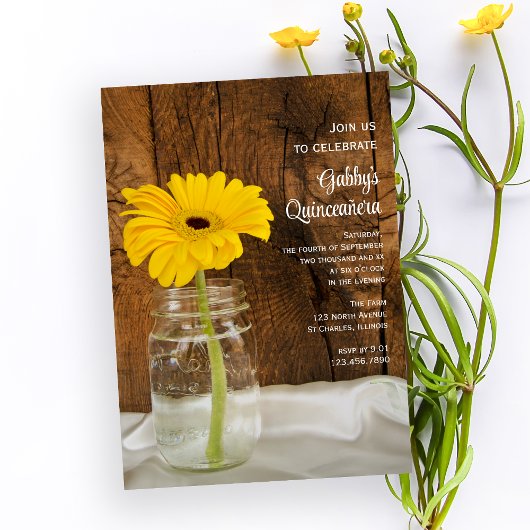 Mason Jar und Yellow Daisy Quinceañera Einladung