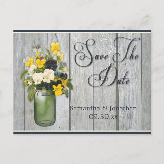 Mason Jar Violas Stiefmütterchens Barn Wood Save t Ankündigungspostkarte (Vorderseite)