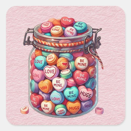 Mason Jar von Valentine Word Candy Quadratischer Aufkleber (Vorderseite)