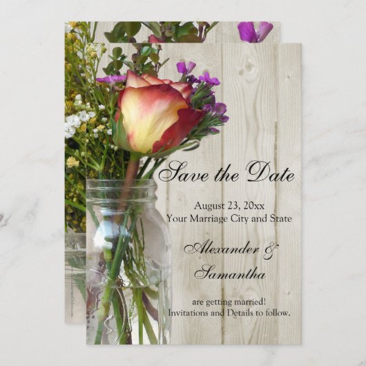 Mason Jar w/Rose/Wildblumen Save the Date (Vorne/Hinten)