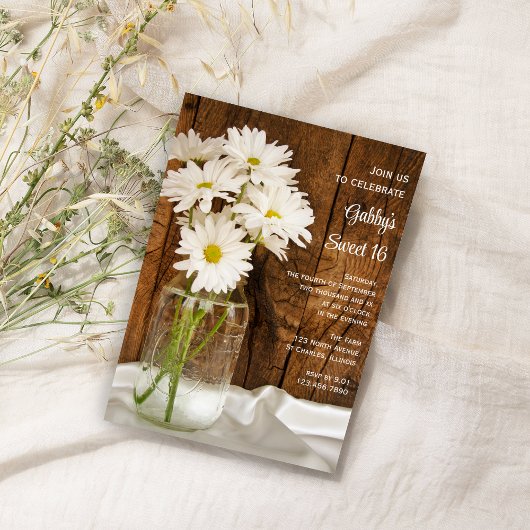 Mason Jar White Daisies Sweet 16 Birthday Party Einladung