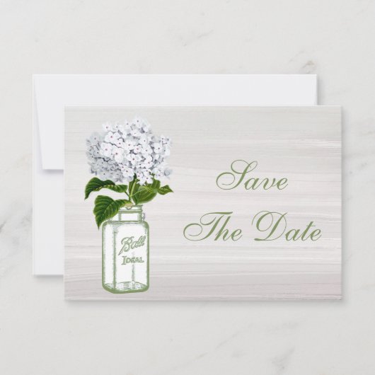 Mason Jar & White Hydrangea Save the Date Hochzeit (Vorderseite)
