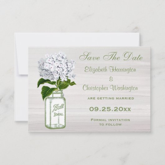 Mason Jar & White Hydrangea Save the Date Hochzeit (Rückseite)