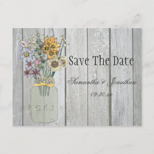 Mason Jar Wildblumen Barn Wood Save the Date Ankündigungspostkarte (Vorderseite)