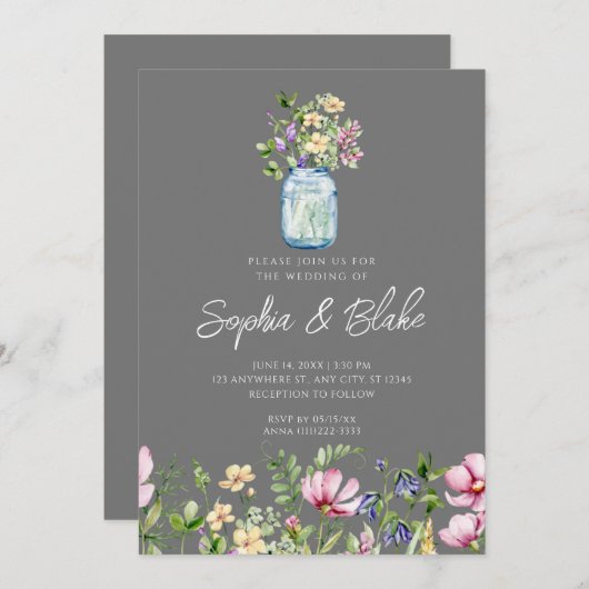 Mason Jar Wildblumen Rustic Country Gray Wedding Einladung (Vorne/Hinten)
