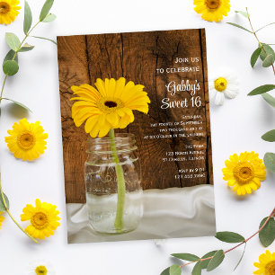 Mason Jar Yellow Daisy Sweet 16 Geburtstagsparty Einladung