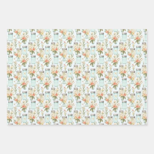 Mason Jars Green Orange Florals Greenery Geschenkpapier Set (Vorderseite)
