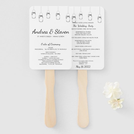 Mason Jars Hochzeitsprogramm Fan. Jar-Menü ausgese Fächer (Vorne und Hinten)