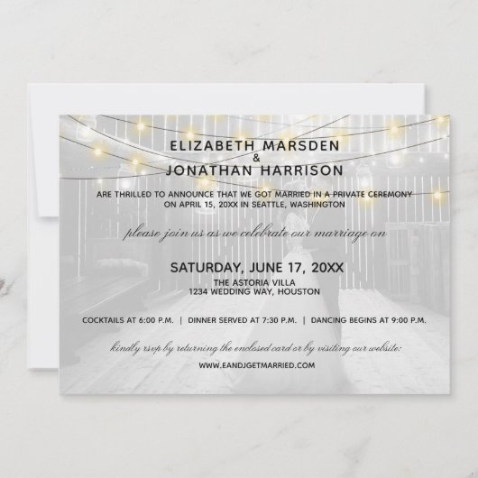 Mason Jars Lights Foto Nur verheiratet Empfang Ankündigung (Rückseite)