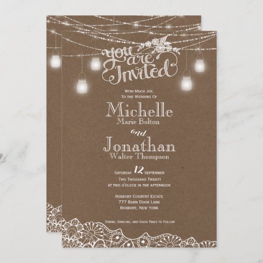 Mason Jars Lights Lace Rustikale Hochzeitseinladun Einladung (Vorne/Hinten)