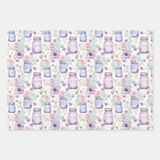 Mason Jars Lila Pink Florals Grüne Geschenkpapier Set (Vorderseite 3)