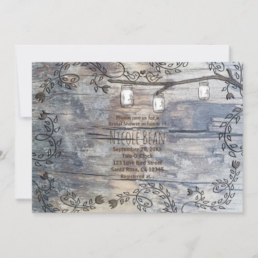 Mason Jars & Love Birds Rustikale Branch Einladung (Vorderseite)