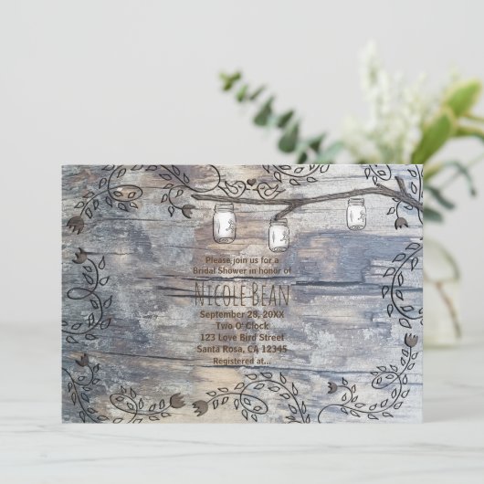 Mason Jars & Love Birds Rustikale Branch Einladung (Stehend Vorderseite)