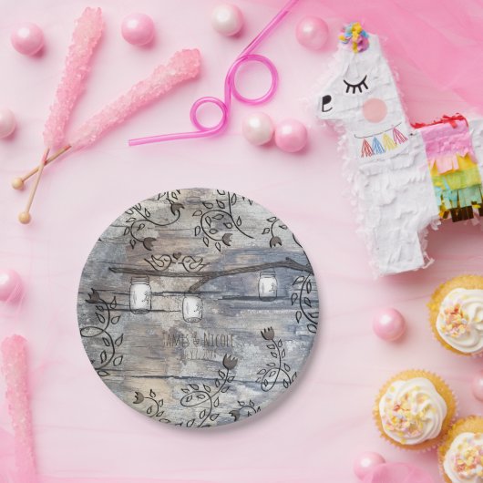 Mason Jars & Love Birds Rustikale Branchensehen Pappteller (Party)