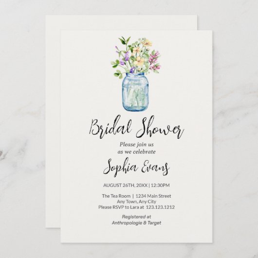 Mason Jars mit Blume Creme Brautparty Einladung (Vorne/Hinten)