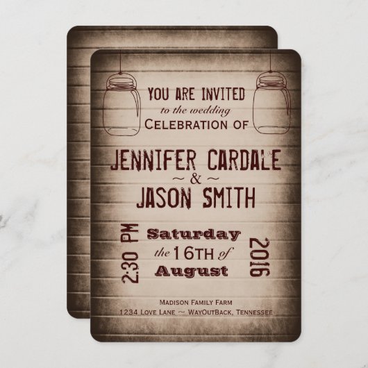 Mason Jars Rustic Country Wood Wedding Einladungen (Vorne/Hinten)