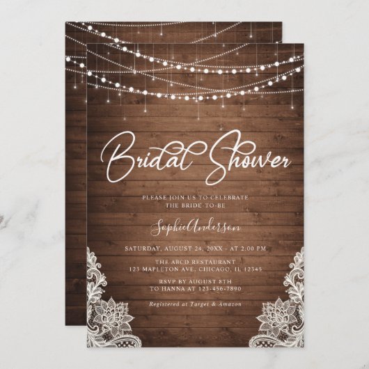 Mason Jars Rustic Wood Lights Lace Brautparty Einladung (Vorne/Hinten)