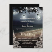 Mason Jars String Lights Elegant Beach Wedding Einladung (Vorne/Hinten)