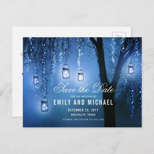 Mason Jars String Lights Elegant Save the Date Ankündigungspostkarte (Vorne/Hinten)