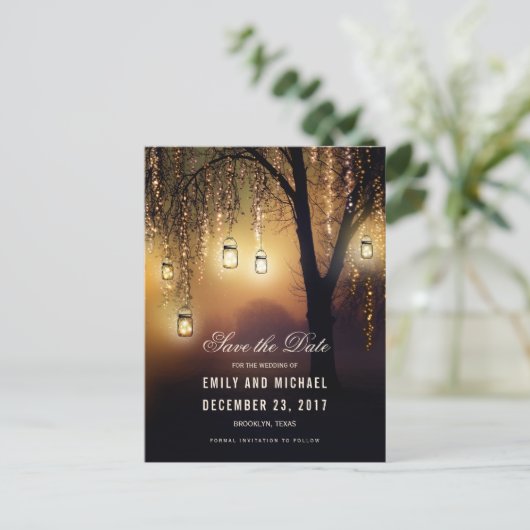 Mason Jars String Lights Elegant Save the Date Ankündigungspostkarte (Stehend Vorderseite)