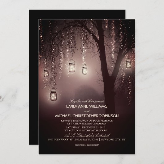 Mason Jars String Lights Elegante Rustikale Hochze Einladung (Vorne/Hinten)