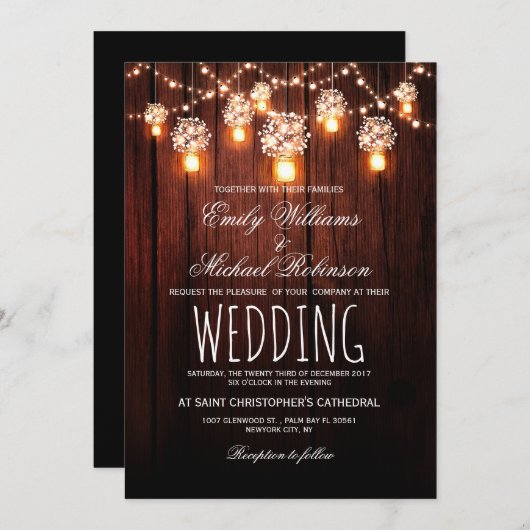 Mason Jars String Lights Elegante Rustikale Hochze Einladung (Vorne/Hinten)