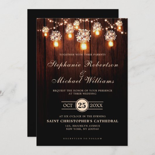 Mason Jars String Lights Elegante Rustikale Hochze Einladung (Vorne/Hinten)