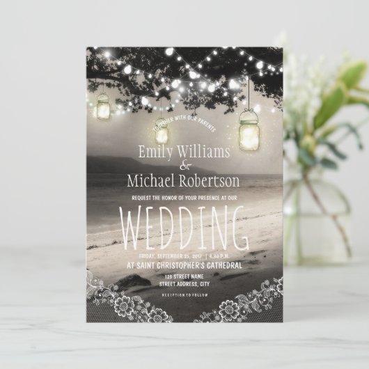 Mason Jars String Lights Elegante Rustikale Hochze Einladung (Stehend Vorderseite)